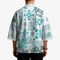 Hawaii Tapa Tribal Kimono With Hawaiian Quilt Pattern Aqua - Polynesian Pride