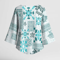 Hawaii Tapa Tribal Kimono Sleeve Blouse With Hawaiian Quilt Pattern Aqua - Polynesian Pride