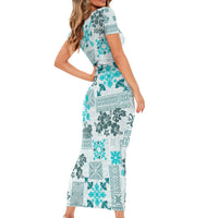 Hawaii Tapa Tribal Short Sleeve Bodycon Dress With Hawaiian Quilt Pattern Aqua LT9 - Polynesian Pride
