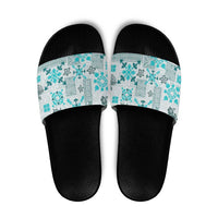 Hawaii Tapa Tribal Slide Sandals With Hawaiian Quilt Pattern Aqua - Polynesian Pride