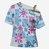 Hawaii Tapa Tribal Cross Shoulder Shirt With Hawaiian Quilt Pattern Blue LT9 Female Blue - Polynesian Pride