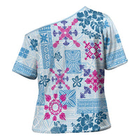 Hawaii Tapa Tribal Cross Shoulder Shirt With Hawaiian Quilt Pattern Blue LT9 - Polynesian Pride
