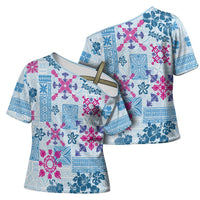 Hawaii Tapa Tribal Cross Shoulder Shirt With Hawaiian Quilt Pattern Blue LT9 - Polynesian Pride