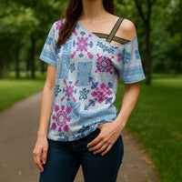 Hawaii Tapa Tribal Cross Shoulder Shirt With Hawaiian Quilt Pattern Blue LT9 - Polynesian Pride