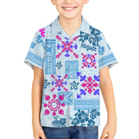 Hawaii Tapa Tribal Family Matching Long Sleeve Bodycon Dress and Hawaiian Shirt With Hawaiian Quilt Pattern Blue LT9 Son's Shirt Blue - Polynesian Pride