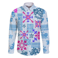 Hawaii Tapa Tribal Family Matching Short Sleeve Bodycon Dress and Hawaiian Shirt With Hawaiian Quilt Pattern Blue LT9 Dad's Shirt - Long Sleeve Blue - Polynesian Pride