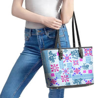 Hawaii Tapa Tribal Leather Tote Bag With Hawaiian Quilt Pattern Blue LT9 - Polynesian Pride