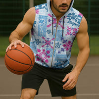 Hawaii Tapa Tribal Sleeveless Zip Hoodie With Hawaiian Quilt Pattern Blue - Polynesian Pride