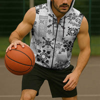 Hawaii Tapa Tribal Sleeveless Zip Hoodie With Hawaiian Quilt Pattern Black - Polynesian Pride