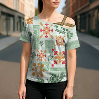 Hawaii Tapa Tribal Cross Shoulder Shirt With Hawaiian Quilt Pattern Green - Polynesian Pride