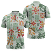 Hawaii Tapa Tribal Zipper Polo Shirt With Hawaiian Quilt Pattern Green - Polynesian Pride