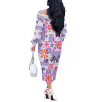 Hawaii Tapa Tribal Off The Shoulder Long Sleeve Dress With Hawaiian Quilt Pattern Violet LT9 - Polynesian Pride