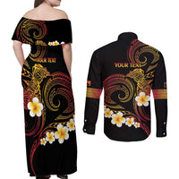 Personalised Papua New Guinea Sepik Couples Matching Off Shoulder Maxi Dress and Long Sleeve Button Shirt Plumeria Floral Tribal Pattern - Polynesian Pride