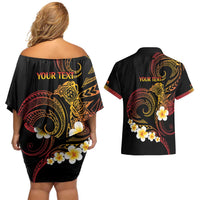 Personalised Papua New Guinea Sepik Couples Matching Off Shoulder Short Dress and Hawaiian Shirt Plumeria Floral Tribal Pattern - Polynesian Pride