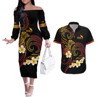 Personalised Papua New Guinea Sepik Couples Matching Off The Shoulder Long Sleeve Dress and Hawaiian Shirt Plumeria Floral Tribal Pattern - Polynesian Pride