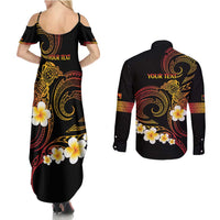 Personalised Papua New Guinea Sepik Couples Matching Summer Maxi Dress and Long Sleeve Button Shirt Plumeria Floral Tribal Pattern - Polynesian Pride