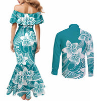 Polynesian Plumeria Flowers Tribal Couples Matching Mermaid Dress and Long Sleeve Button Shirt Pacific Tattoo Teal Style - Polynesian Pride