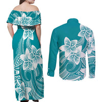 Polynesian Plumeria Flowers Tribal Couples Matching Off Shoulder Maxi Dress and Long Sleeve Button Shirt Pacific Tattoo Teal Style - Polynesian Pride
