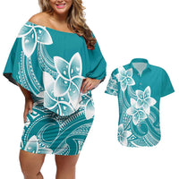 Polynesian Plumeria Flowers Tribal Couples Matching Off Shoulder Short Dress and Hawaiian Shirt Pacific Tattoo Teal Style - Polynesian Pride