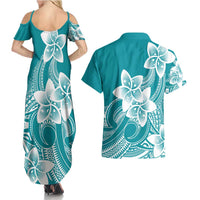 Polynesian Plumeria Flowers Tribal Couples Matching Summer Maxi Dress and Hawaiian Shirt Pacific Tattoo Teal Style - Polynesian Pride