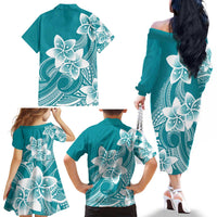 Polynesian Plumeria Flowers Tribal Family Matching Off The Shoulder Long Sleeve Dress and Hawaiian Shirt Pacific Tattoo Teal Style - Polynesian Pride