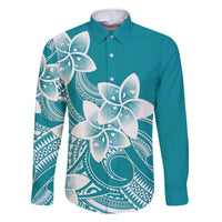 Polynesian Plumeria Flowers Tribal Family Matching Off The Shoulder Long Sleeve Dress and Hawaiian Shirt Pacific Tattoo Teal Style - Polynesian Pride