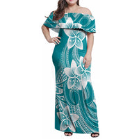 Polynesian Plumeria Flowers Tribal Family Matching Off Shoulder Maxi Dress and Hawaiian Shirt Pacific Tattoo Teal Style - Polynesian Pride