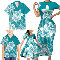 Polynesian Plumeria Flowers Tribal Family Matching Short Sleeve Bodycon Dress and Hawaiian Shirt Pacific Tattoo Teal Style - Polynesian Pride