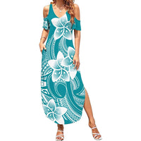 Polynesian Plumeria Flowers Tribal Family Matching Summer Maxi Dress and Hawaiian Shirt Pacific Tattoo Teal Style - Polynesian Pride