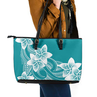 Polynesian Plumeria Flowers Tribal Leather Tote Bag Pacific Tattoo Teal Style - Polynesian Pride