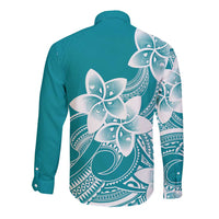 Polynesian Plumeria Flowers Tribal Long Sleeve Button Shirt Pacific Tattoo Teal Style - Polynesian Pride