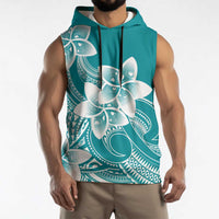 Polynesian Plumeria Flowers Tribal Sleeveless Hoodie Pacific Tattoo Teal Style - Polynesian Pride