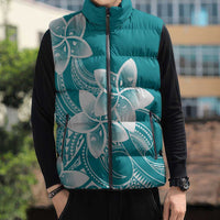Polynesian Plumeria Flowers Tribal Sleeveless Puffer Jacket Pacific Tattoo Teal Style - Polynesian Pride