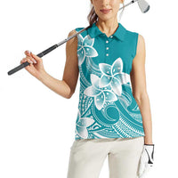 Polynesian Plumeria Flowers Tribal Women Sleeveless Polo Shirt Pacific Tattoo Teal Style - Polynesian Pride