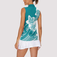 Polynesian Plumeria Flowers Tribal Women Sleeveless Polo Shirt Pacific Tattoo Teal Style - Polynesian Pride