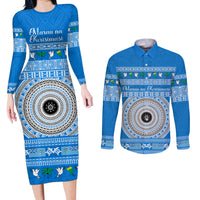 Personalised Fiji Marau Na Kerisimasi Couples Matching Long Sleeve Bodycon Dress and Long Sleeve Button Shirt Merry Christmas Tapa Pattern Blue Style LT9 Red - Polynesian Pride