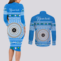Personalised Fiji Marau Na Kerisimasi Couples Matching Long Sleeve Bodycon Dress and Long Sleeve Button Shirt Merry Christmas Tapa Pattern Blue Style LT9 - Polynesian Pride