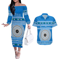 Personalised Fiji Marau Na Kerisimasi Couples Matching Off The Shoulder Long Sleeve Dress and Hawaiian Shirt Merry Christmas Tapa Pattern Blue Style LT9 Red - Polynesian Pride