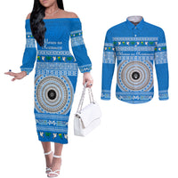 Personalised Fiji Marau Na Kerisimasi Couples Matching Off The Shoulder Long Sleeve Dress and Long Sleeve Button Shirt Merry Christmas Tapa Pattern Blue Style LT9 Red - Polynesian Pride