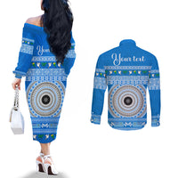 Personalised Fiji Marau Na Kerisimasi Couples Matching Off The Shoulder Long Sleeve Dress and Long Sleeve Button Shirt Merry Christmas Tapa Pattern Blue Style LT9 - Polynesian Pride