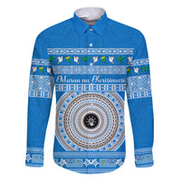 Personalised Fiji Marau Na Kerisimasi Family Matching Puletasi Dress and Hawaiian Shirt Merry Christmas Tapa Pattern Blue Style LT9 Dad's Shirt - Long Sleeve Red - Polynesian Pride