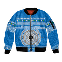 Personalised Fiji Marau Na Kerisimasi Sleeve Zip Bomber Jacket Merry Christmas Tapa Pattern Blue Style LT9 Unisex Red - Polynesian Pride