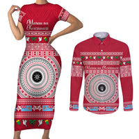 Personalised Fiji Marau Na Kerisimasi Couples Matching Short Sleeve Bodycon Dress and Long Sleeve Button Shirt Merry Christmas Tapa Pattern Red Style LT9 Red - Polynesian Pride