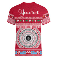 Personalised Fiji Marau Na Kerisimasi Women V Neck T Shirt Merry Christmas Tapa Pattern Red Style LT9 - Polynesian Pride