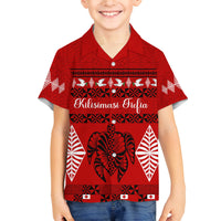 Personalised Tonga Kilisimasi Fiefia Family Matching Puletasi Dress and Hawaiian Shirt Merry Christmas with Turtle Ngatu Pattern LT9 Son's Shirt Red - Polynesian Pride