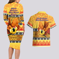 PNG Hamamas Krismas Couples Matching Long Sleeve Bodycon Dress and Hawaiian Shirt Papua New Guinea Bird Of Paradise Merry Christmas Gold Style LT9 - Polynesian Pride