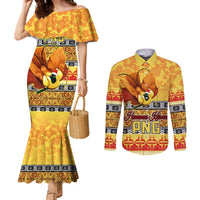 PNG Hamamas Krismas Couples Matching Mermaid Dress and Long Sleeve Button Shirt Papua New Guinea Bird Of Paradise Merry Christmas Gold Style LT9 Gold - Polynesian Pride