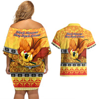 PNG Hamamas Krismas Couples Matching Off Shoulder Short Dress and Hawaiian Shirt Papua New Guinea Bird Of Paradise Merry Christmas Gold Style LT9 - Polynesian Pride