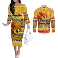Personalised PNG Hamamas Krismas Couples Matching Off The Shoulder Long Sleeve Dress and Long Sleeve Button Shirt Papua New Guinea Bird Of Paradise Merry Christmas Gold Style LT9 Gold - Polynesian Pride