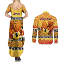 Personalised PNG Hamamas Krismas Couples Matching Summer Maxi Dress and Long Sleeve Button Shirt Papua New Guinea Bird Of Paradise Merry Christmas Gold Style LT9 - Polynesian Pride